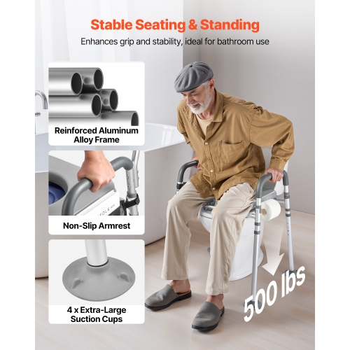 VEVOR 500 lbs Capacity Bedside Commode Chair, 4-in-1 Portable Toilet and Raised Toilet Seat with Padded Seat & Armrest, Detachable 5L Bucket,