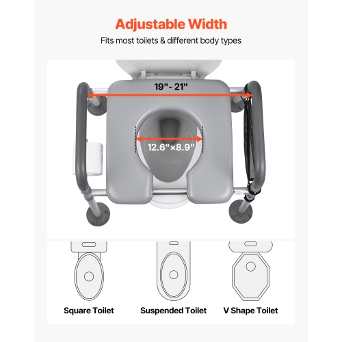 VEVOR 500 lbs Capacity Bedside Commode Chair, 4-in-1 Portable Toilet and Raised Toilet Seat with Padded Seat & Armrest, Detachable 5L Bucket,