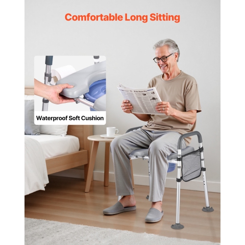 VEVOR 500 lbs Capacity Bedside Commode Chair, 4-in-1 Portable Toilet and Raised Toilet Seat with Padded Seat & Armrest, Detachable 5L Bucket,
