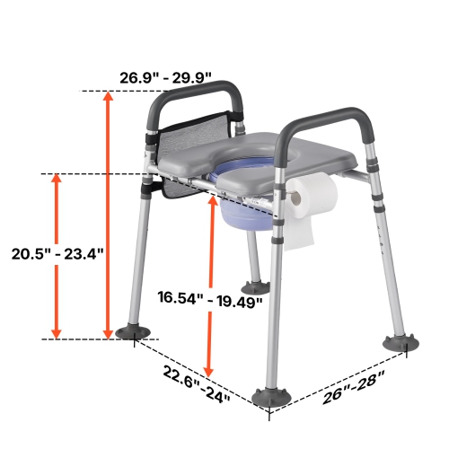 VEVOR 500 lbs Capacity Bedside Commode Chair, 4-in-1 Portable Toilet and Raised Toilet Seat with Padded Seat & Armrest, Detachable 5L Bucket,