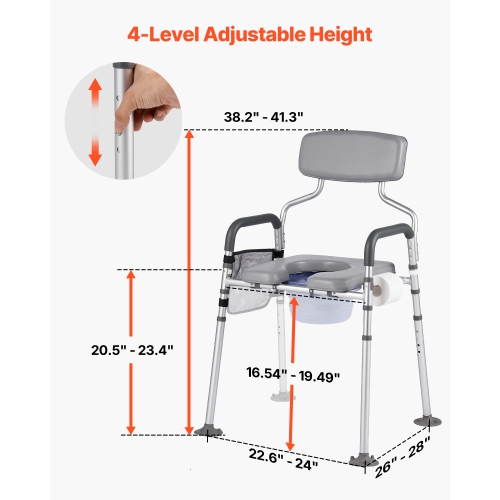 VEVOR 500 lbs Capacity Bedside Commode Chair, 4-in-1 Portable Toilet and Raised Toilet Seat with Padded Seat & Backrest, Detachable 5L Bucket,