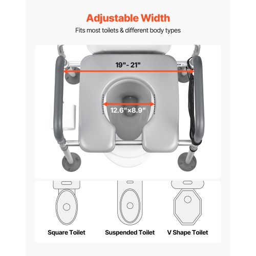 VEVOR 500 lbs Capacity Bedside Commode Chair, 4-in-1 Portable Toilet and Raised Toilet Seat with Padded Seat & Backrest, Detachable 5L Bucket,