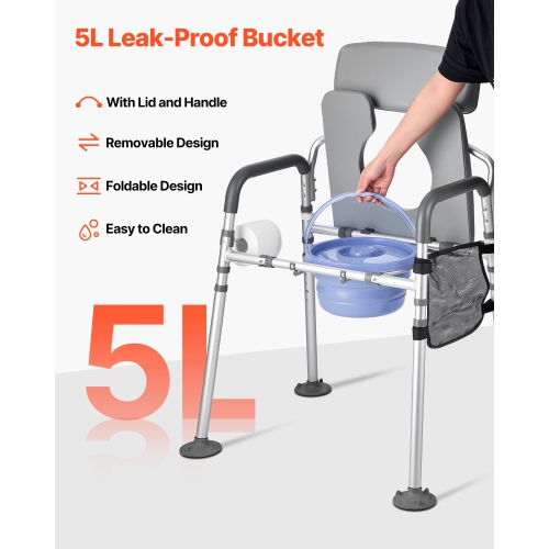 VEVOR 500 lbs Capacity Bedside Commode Chair, 4-in-1 Portable Toilet and Raised Toilet Seat with Padded Seat & Backrest, Detachable 5L Bucket,