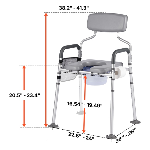 VEVOR 500 lbs Capacity Bedside Commode Chair, 4-in-1 Portable Toilet and Raised Toilet Seat with Padded Seat & Backrest, Detachable 5L Bucket,