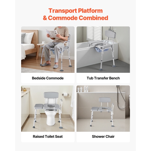 VEVOR 500 lbs Weight Capacity Bedside Commode Chair, 4-in-1 Portable Toilet and Raised Toilet Seat with Padded Seat and Backrest, Detachable 5L
