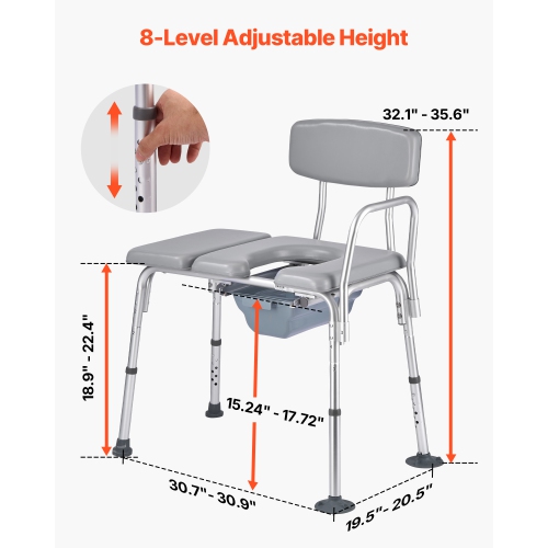 VEVOR 500 lbs Weight Capacity Bedside Commode Chair, 4-in-1 Portable Toilet and Raised Toilet Seat with Padded Seat and Backrest, Detachable 5L