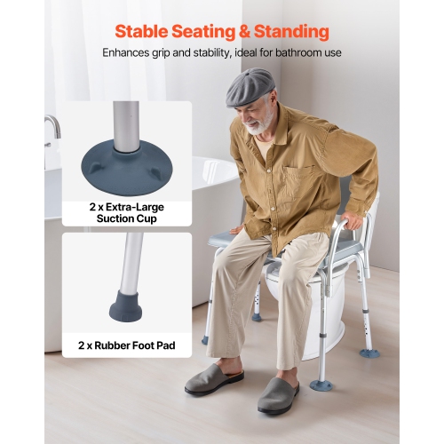 VEVOR 500 lbs Weight Capacity Bedside Commode Chair, 4-in-1 Portable Toilet and Raised Toilet Seat with Padded Seat and Backrest, Detachable 5L