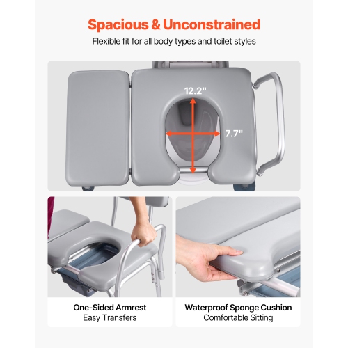 VEVOR 500 lbs Weight Capacity Bedside Commode Chair, 4-in-1 Portable Toilet and Raised Toilet Seat with Padded Seat and Backrest, Detachable 5L