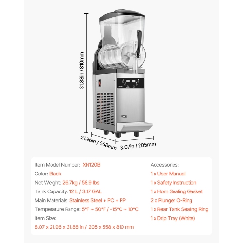 VEVOR 12L Commercial Slushy Machine, Single Tank Frozen Drink Machine, 48 Cups Stainless Steel Margarita Smoothie Frozen Drink Maker, Slushie Maker