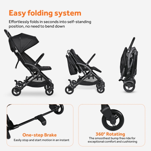 Lightweight Baby Stroller, Foldable Compact Traver Umbrella Stroller with Adjustable Backrest&Footrest, Black