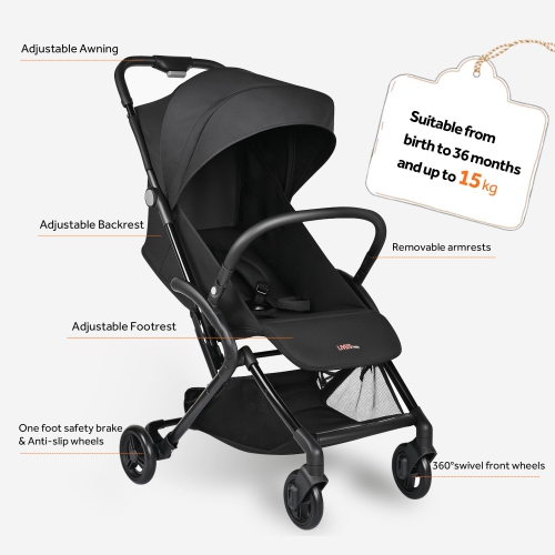 Lightweight Baby Stroller, Foldable Compact Traver Umbrella Stroller with Adjustable Backrest&Footrest, Black