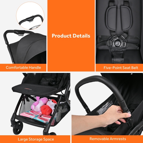 Lightweight Baby Stroller, Foldable Compact Traver Umbrella Stroller with Adjustable Backrest&Footrest, Black