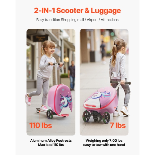 VEVOR 20 L Capacity Ride-on Luggage, 20 Inches Kids Scooter Suitcase with Flash PU Wheels, Adjustable Handle & TPR Non-Slip Grip, Foldable Scooter