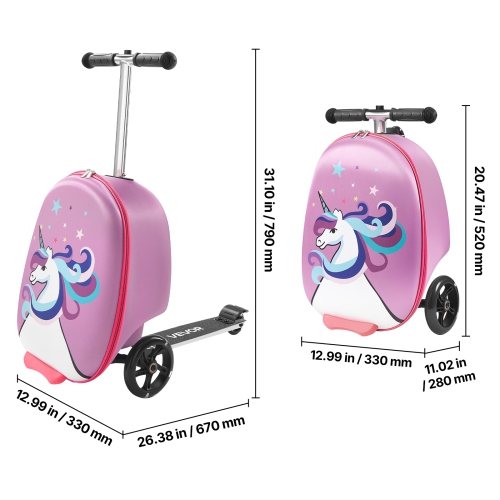 VEVOR 20 L Capacity Ride-on Luggage, 20 Inches Kids Scooter Suitcase with Flash PU Wheels, Adjustable Handle & TPR Non-Slip Grip, Foldable Scooter