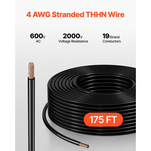 VEVOR 4 AWG THHN Wire, 19-Stranded, 100% OFC Copper Electrical Building Wire with Nylon Jacket, Rated for Up to 600 Volts, for Indoor & Outdoor Use,