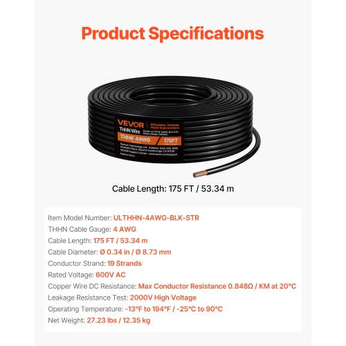 VEVOR 4 AWG THHN Wire, 19-Stranded, 100% OFC Copper Electrical Building Wire with Nylon Jacket, Rated for Up to 600 Volts, for Indoor & Outdoor Use,