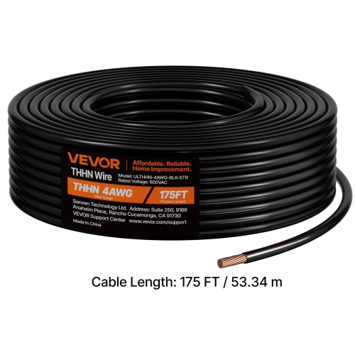 VEVOR 4 AWG THHN Wire, 19-Stranded, 100% OFC Copper Electrical Building Wire with Nylon Jacket, Rated for Up to 600 Volts, for Indoor & Outdoor Use,