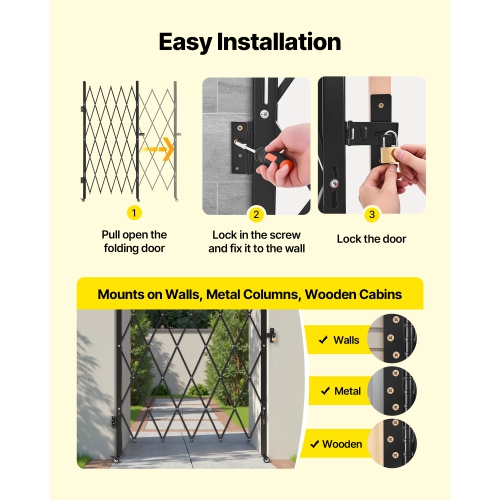 VEVOR 49.61 x 77.76 in Single Folding Security Gate, Lockable Scissor Gate with 360° Swivel Casters, Outdoor Barricade Steel Retractable Gates, for