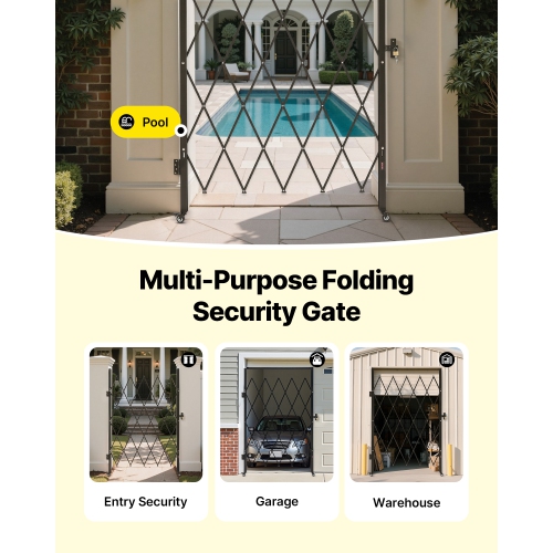 VEVOR 49.61 x 77.76 in Single Folding Security Gate, Lockable Scissor Gate with 360° Swivel Casters, Outdoor Barricade Steel Retractable Gates, for