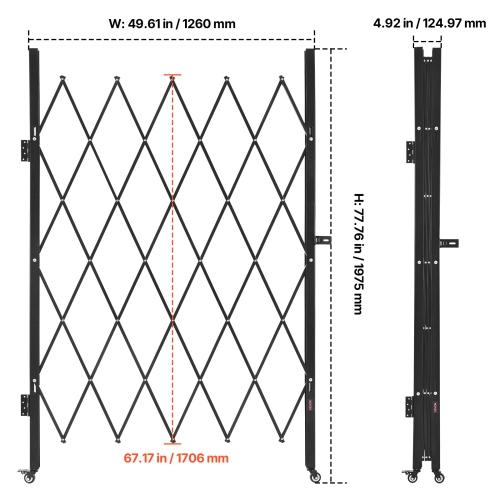 VEVOR 49.61 x 77.76 in Single Folding Security Gate, Lockable Scissor Gate with 360° Swivel Casters, Outdoor Barricade Steel Retractable Gates, for