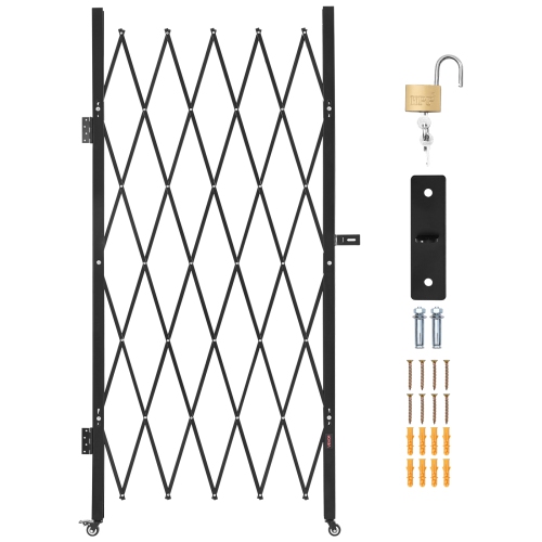 VEVOR 49.61 x 77.76 in Single Folding Security Gate, Lockable Scissor Gate with 360° Swivel Casters, Outdoor Barricade Steel Retractable Gates, for