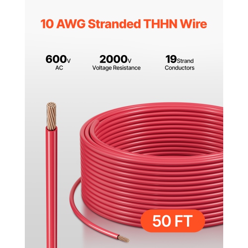 VEVOR 10 AWG THHN Wire, 19-Stranded, 100% OFC Copper Electrical Building Wire with Nylon Jacket, Rated for Up to 600 Volts, for Indoor & Outdoor Use,