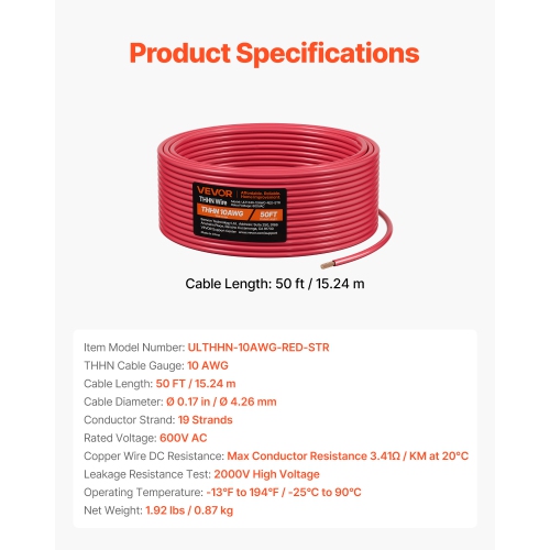VEVOR 10 AWG THHN Wire, 19-Stranded, 100% OFC Copper Electrical Building Wire with Nylon Jacket, Rated for Up to 600 Volts, for Indoor & Outdoor Use,