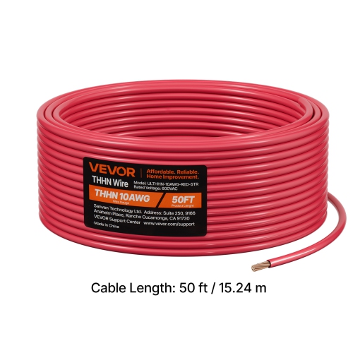 VEVOR 10 AWG THHN Wire, 19-Stranded, 100% OFC Copper Electrical Building Wire with Nylon Jacket, Rated for Up to 600 Volts, for Indoor & Outdoor Use,