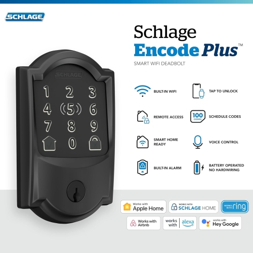 Schlage Encode Plus WiFi Deadbolt Smart Lock with Apple Home Key, Keyless Entry Door Lock with Camelot Trim in Matte Black