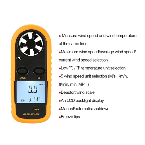 Anemometer Handheld,Digital Wind Speed Meter,Wind Speed Temperature Gauge with Digital LCD Display,for Measuring Wind Speed, Temperature