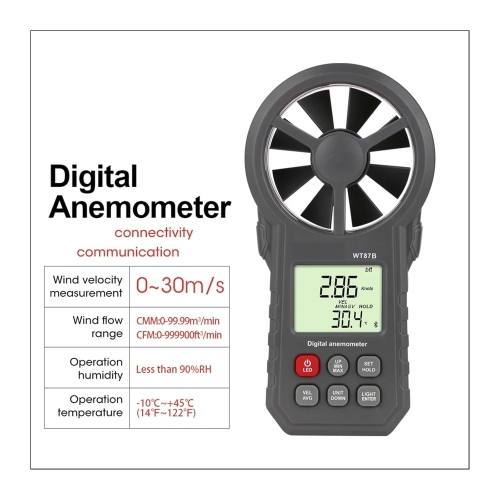 Handheld Anemometer, Digital Wind Speed CFM Meter with LCD Display, Air Meter for Measuring Wind Speed Temperature and Wind Chill, with Backlight and