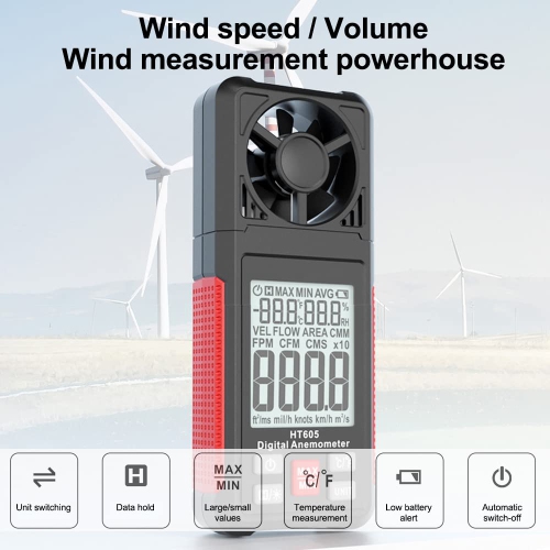 Handheld anemometer, digital LCD backlight anemometer, lightweight air speed measurement thermometer, suitable for meteorology, windsurfing, kite