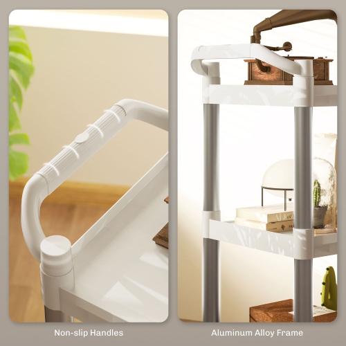 HOMCOM 3-Tier Utility Cart on Wheels, Rolling Kitchen Cart with Handles for Living Room, Bathroom, Silver and White