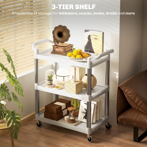 HOMCOM 3-Tier Utility Cart on Wheels, Rolling Kitchen Cart with Handles for Living Room, Bathroom, Silver and White