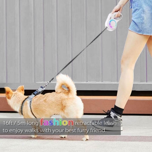 5m automatic retractable dog leash with colorful RGB safety light, one-hand locking and braking system, USB charging, comfortable non-slip handle,