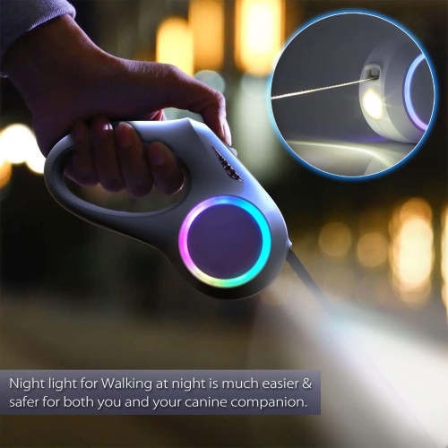 5m automatic retractable dog leash with colorful RGB safety light, one-hand locking and braking system, USB charging, comfortable non-slip handle,