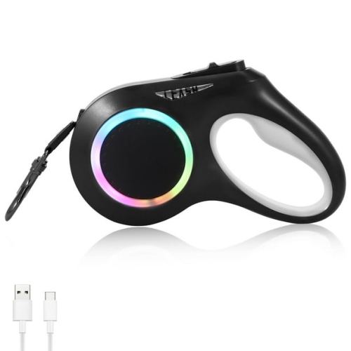 5m automatic retractable dog leash with colorful RGB safety light, one-hand locking and braking system, USB charging, comfortable non-slip handle,