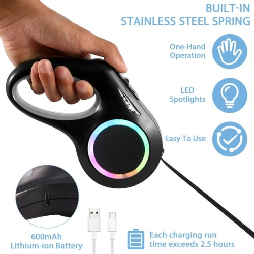 5m automatic retractable dog leash with colorful RGB safety light, one-hand locking and braking system, USB charging, comfortable non-slip handle,