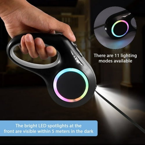 5m automatic retractable dog leash with colorful RGB safety light, one-hand locking and braking system, USB charging, comfortable non-slip handle,