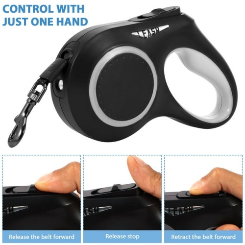 5m automatic retractable dog leash with colorful RGB safety light, one-hand locking and braking system, USB charging, comfortable non-slip handle,