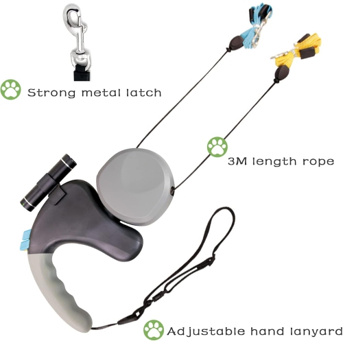 Anti-Tangle Double Dog Leash - 3M Retractable Design with Individual Lock Buttons, 360° Rotation, LED Flashlight & Soft Rubber Handle for 2