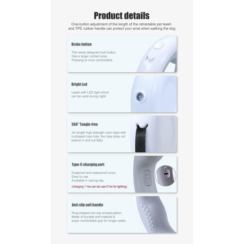 Multifunctional Automatic Retractable Dog Leash - 3M, LED Light, Poop Bag Holder, Non-Slip Handle, USB Rechargeable, 360° Tangle-Free Design,