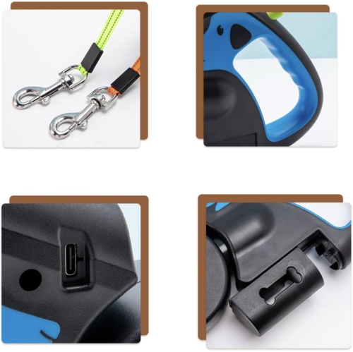 Laisse rétractable double pour chiens 3 M, légère intégrée LED, courroie en nylon robuste, 30 kg poignée ergonomique et modèle compact