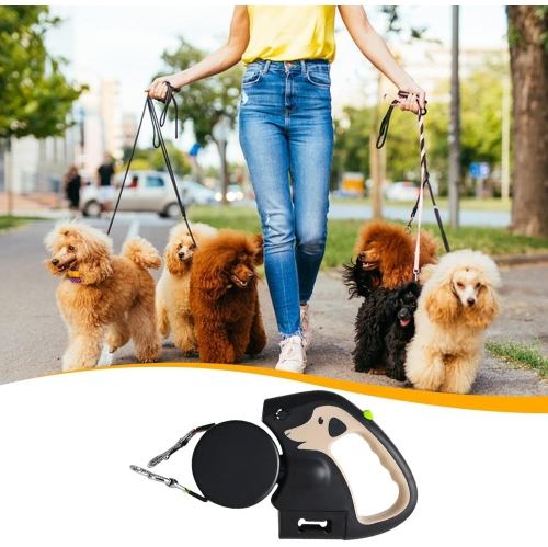 Laisse rétractable double pour chiens 3 M, légère intégrée LED, courroie en nylon robuste, 30 kg poignée ergonomique et modèle compact