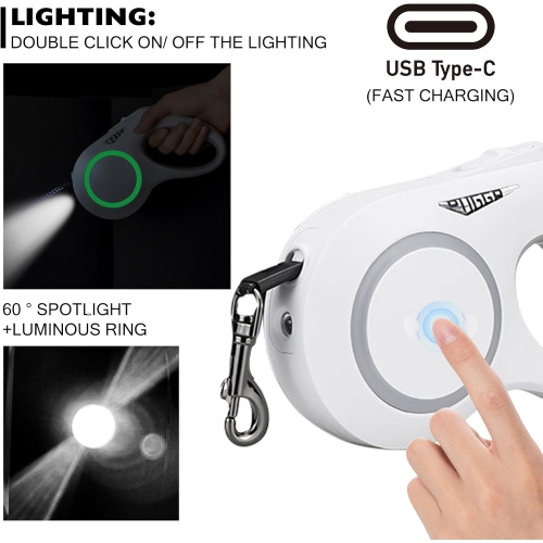 Automatic Retractable Dog Leash - 5M Retractable, with RGB Lighting, Rechargeable, Waterproof, One-Hand Locking and Braking System, Non-Slip Handle,