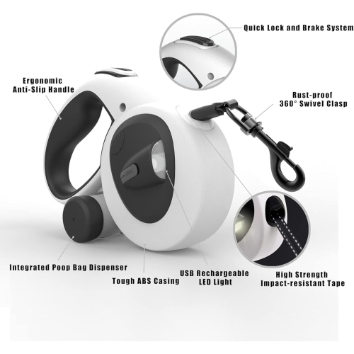 Pet Automatic Retractable Dog Leash - 5m with USB Rechargeable LED Light, Reflective Leash, Poop Bag Dispenser, and Non-Slip Handle - Explosion-Proof