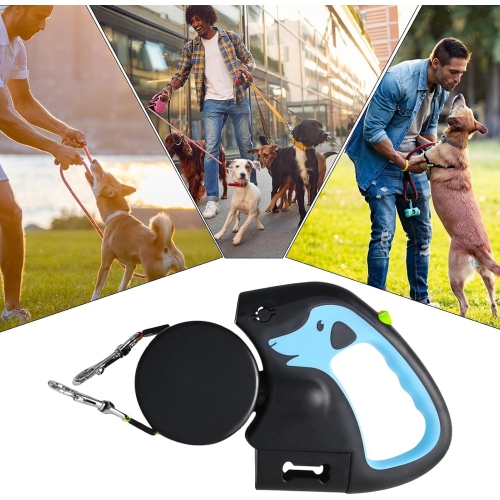 Laisse pour chien double rétractable de 3 m - avec LED léger, matériau en nylon haute résistance, adaptée aux chiens pesant jusqu'à 30 kg,