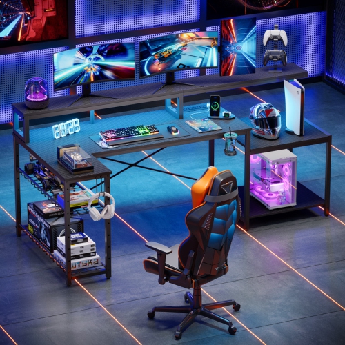 Bestier 71.5" W LED Gaming Desk with Power Outlet, L-Shaped Computer Desk with Monitor Stand