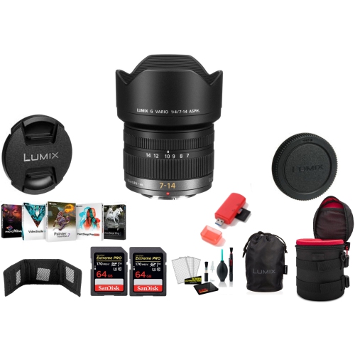 Panasonic Lumix G Vario 7-14mm f/4 ASPH. Lens with 2x 64 Memory Cards and More