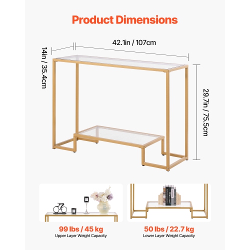 Console en verre à 2 niveaux VEVOR, table d'appoint rectangulaire moderne avec dessus en verre trempé et pattes en fer, bureau en nid d'or avec
